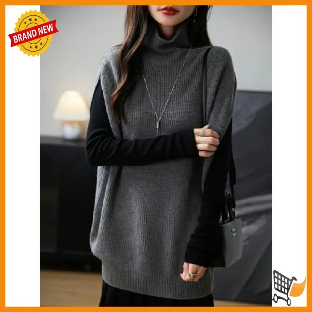 Oversized Merino Wool Blend Turtleneck Sweater Vest Sleeveless Pullover